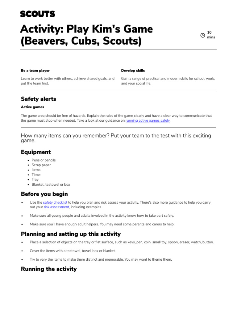 Activity Play Kims Game | PDF | Kim (Novel) | Cognitive Science