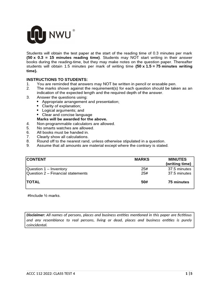 Accc 112 2022 Class Test 4 | PDF | Value Added Tax | Expense