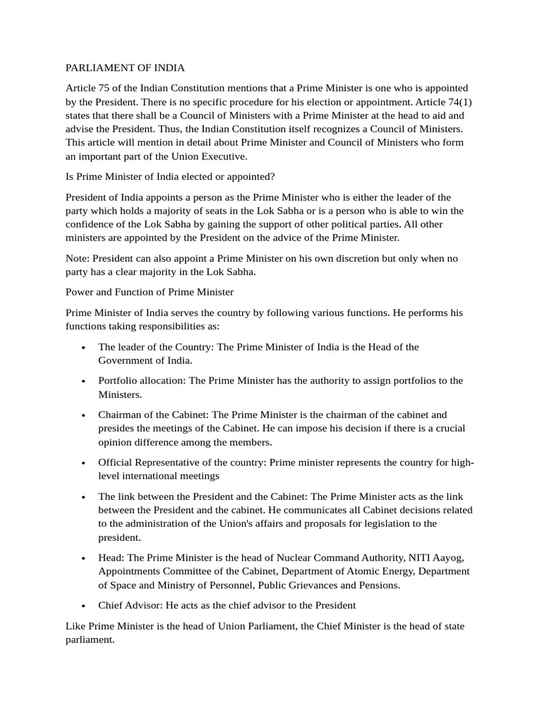 Article 75: Prime Minister's Role Explained | PDF | Government Of India ...