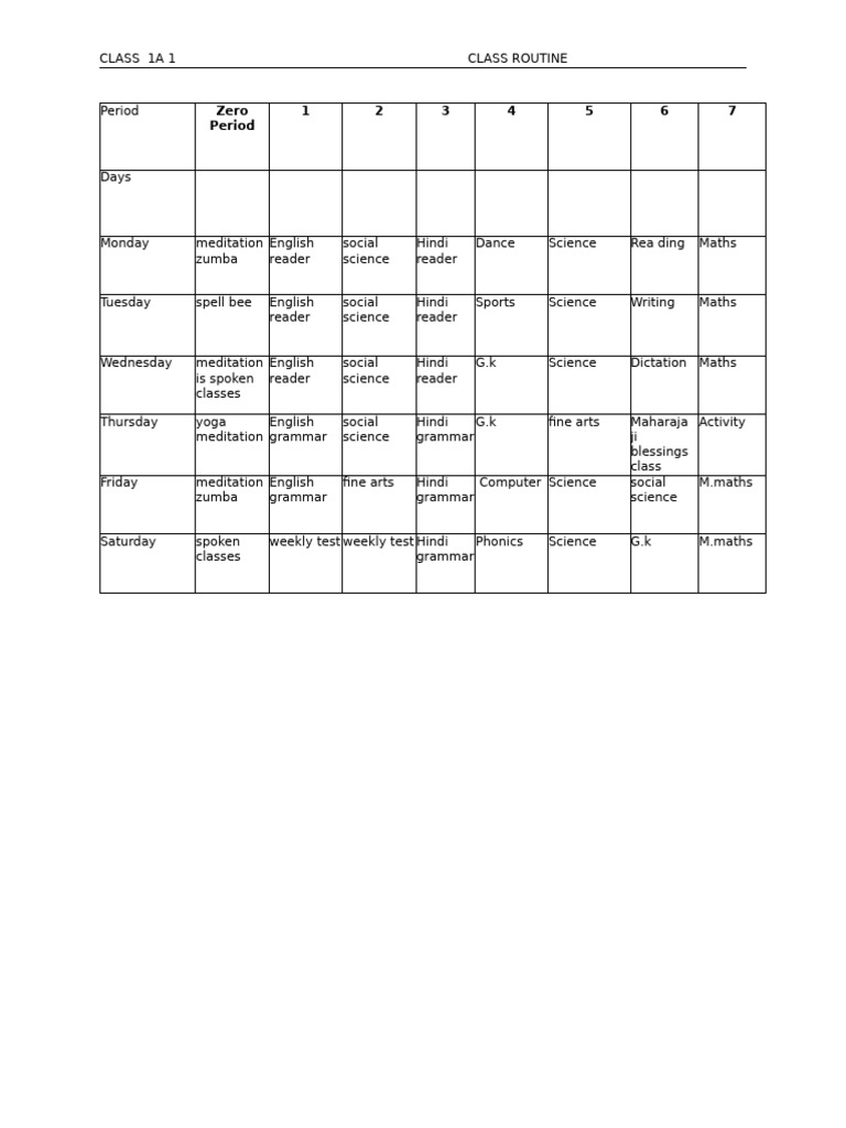 Class 1A Weekly Schedule | PDF