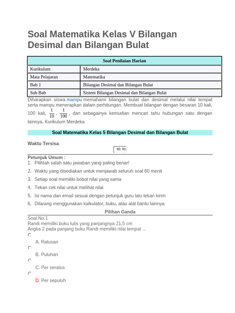 Soal Matematika Kelas 5: Bilangan Desimal | PDF