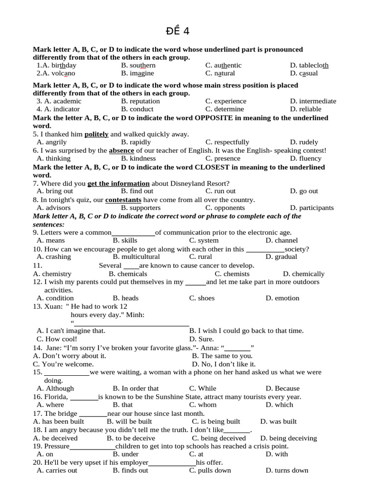 BỘ ĐỀ THI VÀO 10 THÀNH PHỐ HẢI PHÒNG MÔN TIẾNG ANH - Đề 4 | PDF ...