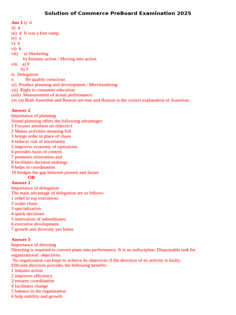Commerce PreBoard Exam Solutions 2025 | PDF | Communication | Marketing