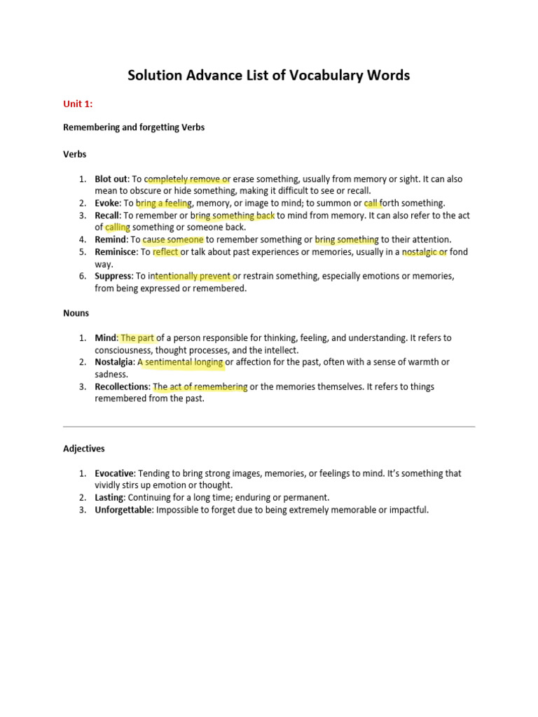 Vocabulary for Memory and Emotion | PDF
