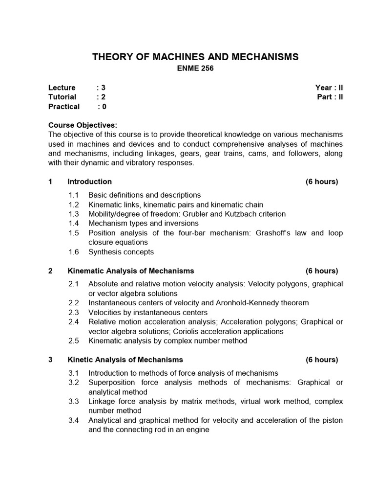 ME 256 THEORY OF MACHINES AND MECHANISMS | PDF | Gear | Kinematics