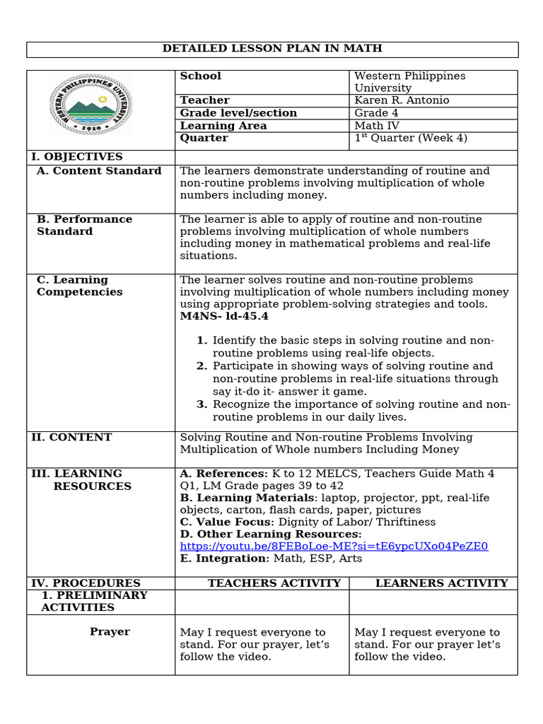 Detailed Lesson Plan in Math 4 | PDF | Mathematics | Lesson Plan