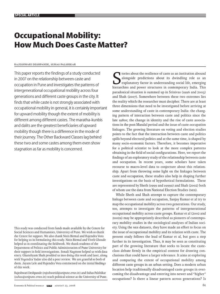 Caste and Occupational Mobility in Pune | PDF | Social Mobility | Caste