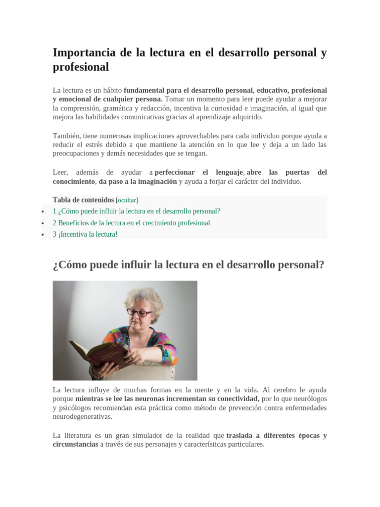 Beneficios de la lectura en el crecimiento personal | PDF | Desarrollo ...