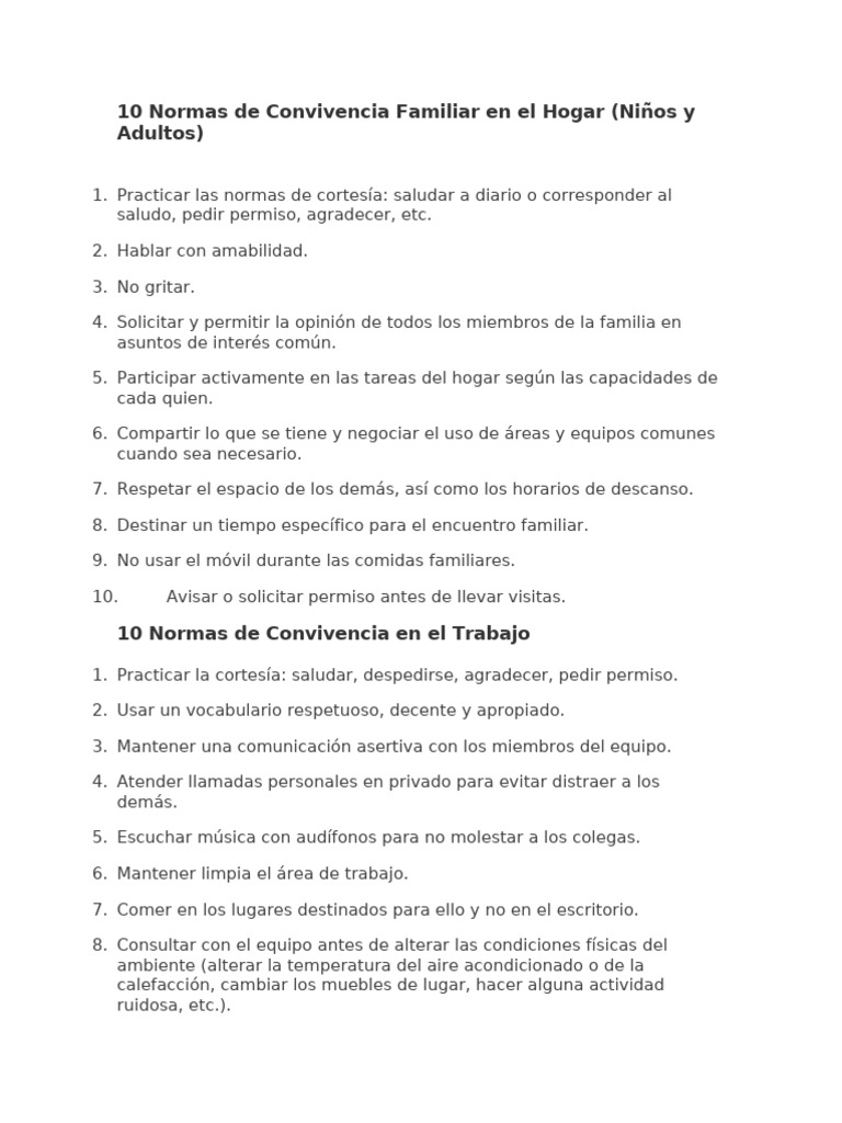 10 Normas de Convivencia Familiar en El Hogar | PDF