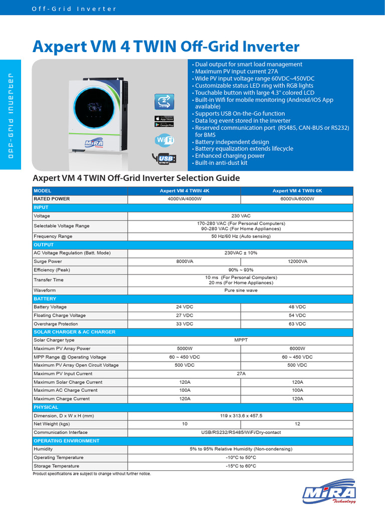Axpert VM 4 TWIN Inverter Specs | PDF | Power Inverter | Battery Charger
