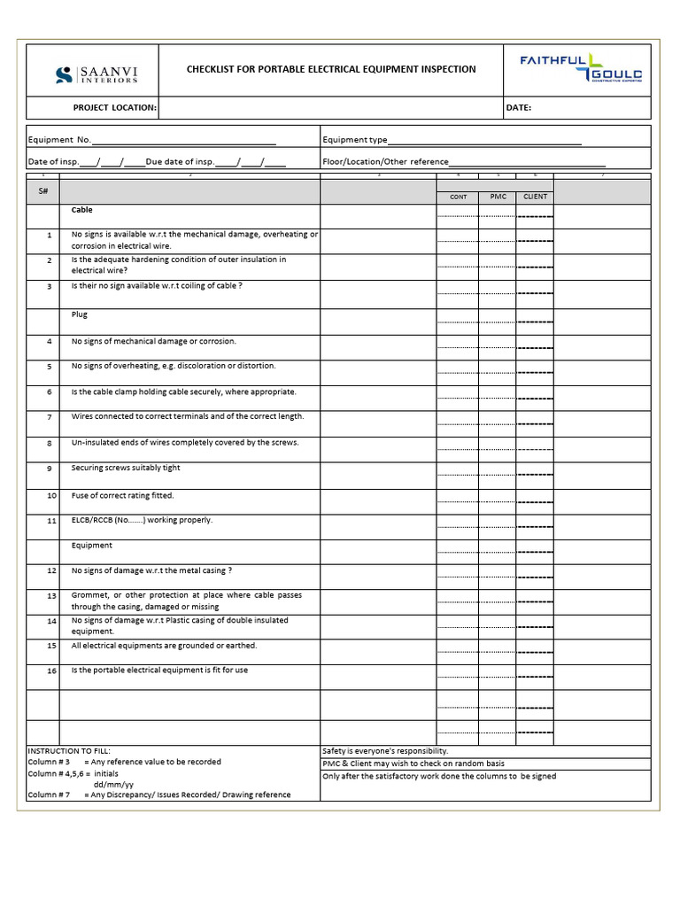 Portable Electrical Equipment Inspection Checklist | PDF | Electrical ...