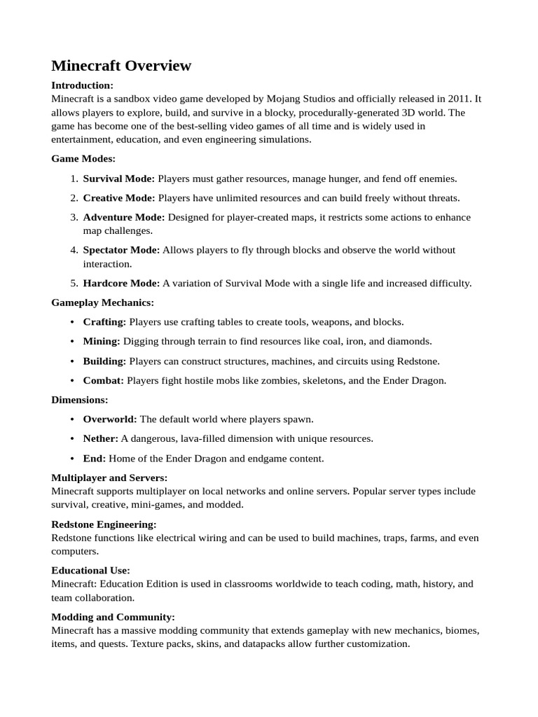 Minecraft Game Overview and Features | PDF