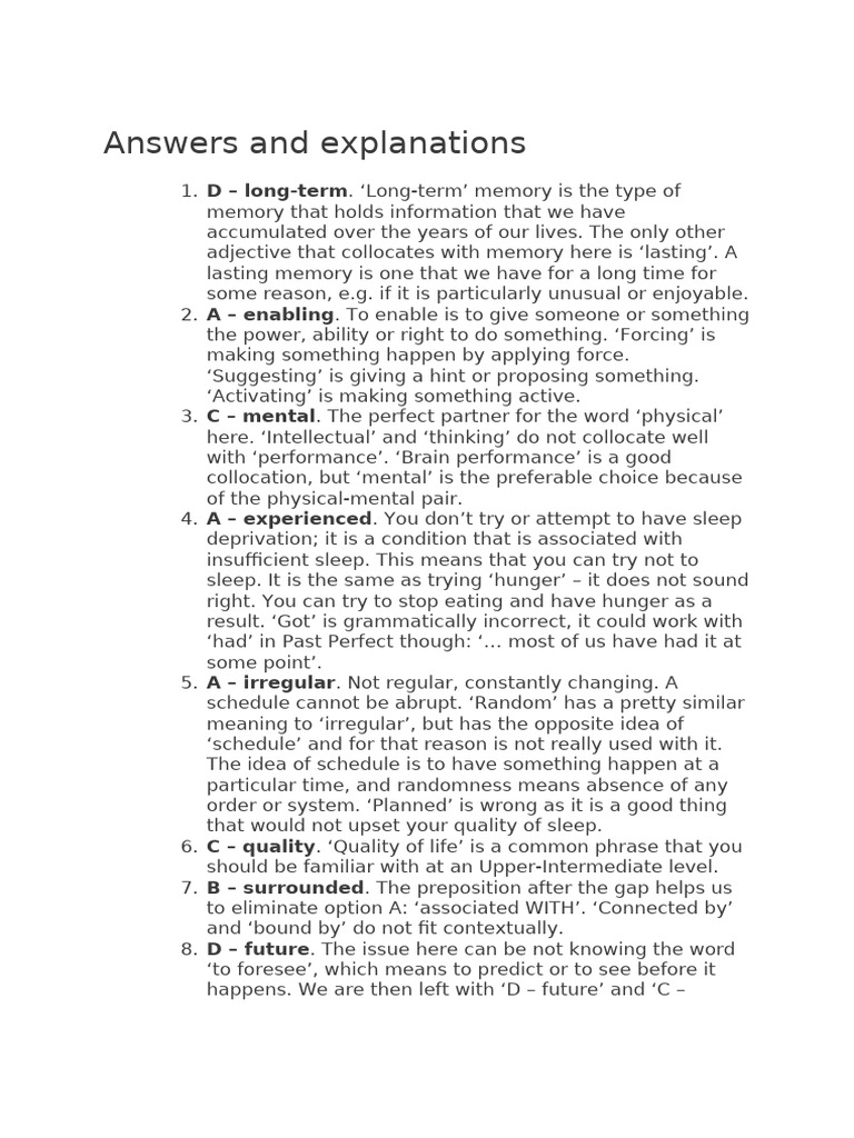FCE Use of English Part 1, Test 19 - Sleep Answers | PDF | Memory | Sleep