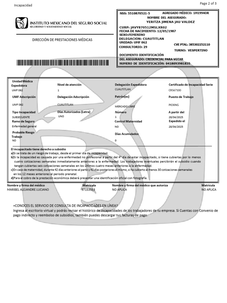 Certificado de Incapacidad Temporal | PDF
