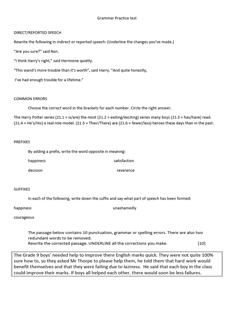 Grammar Practice Test: Speech & Errors | PDF | Linguistics | Grammar