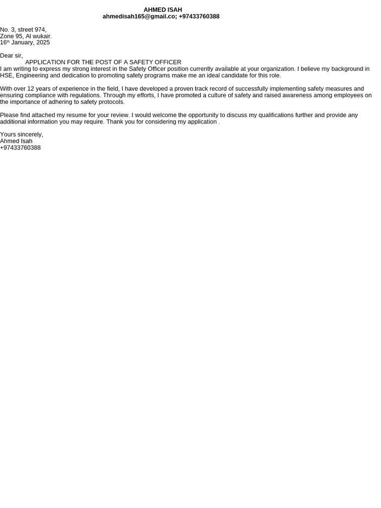 Safety Officer Application Letter | PDF