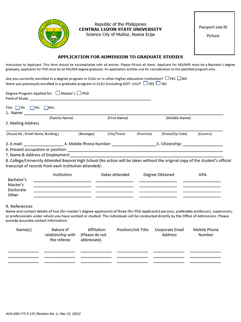 CLSU Graduate Studies Admission Form | PDF