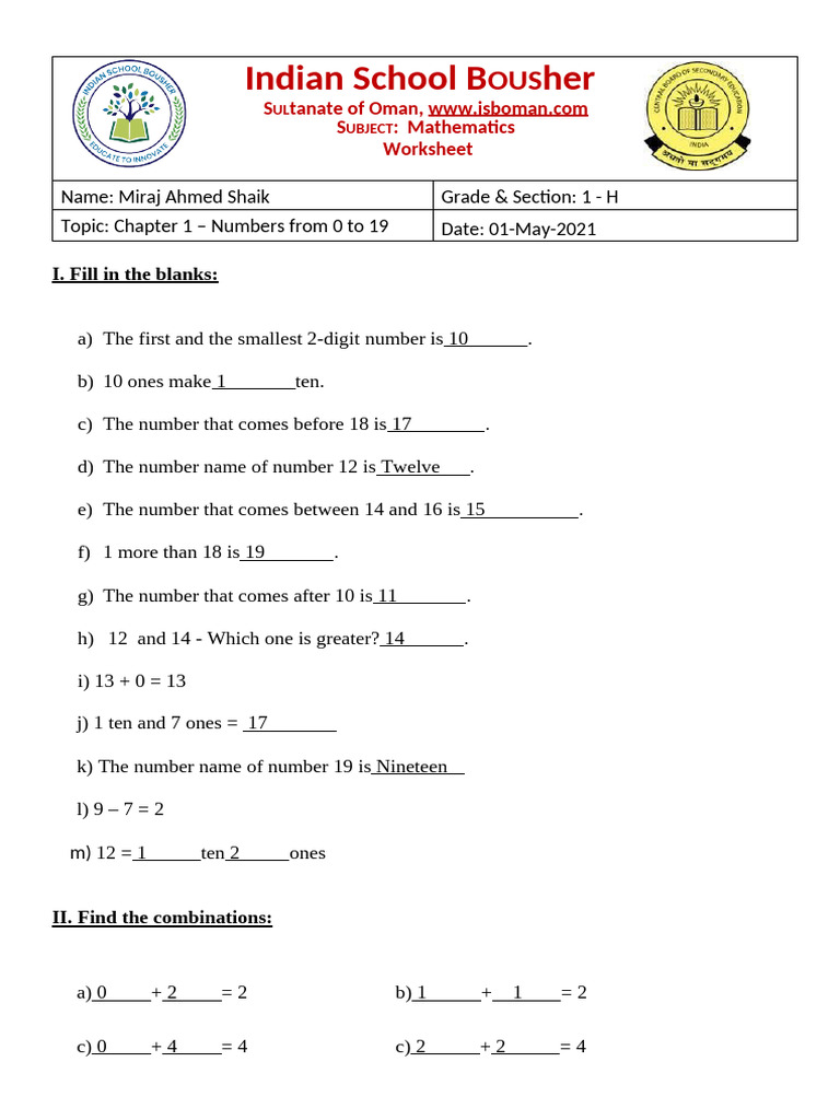 MIRAJ AHMED SHAIK - Worksheet - Chapter 1 - Numbers 0 To 19 Ver 1 | PDF ...