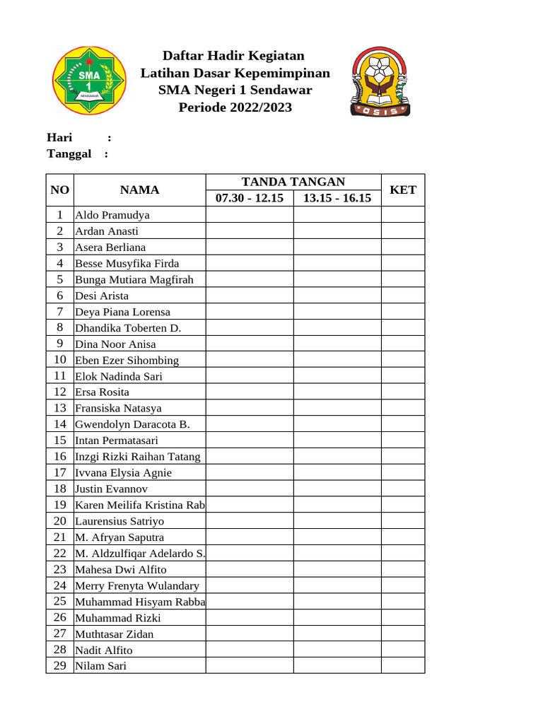 Daftar Hadir Latihan Kepemimpinan SMA | PDF