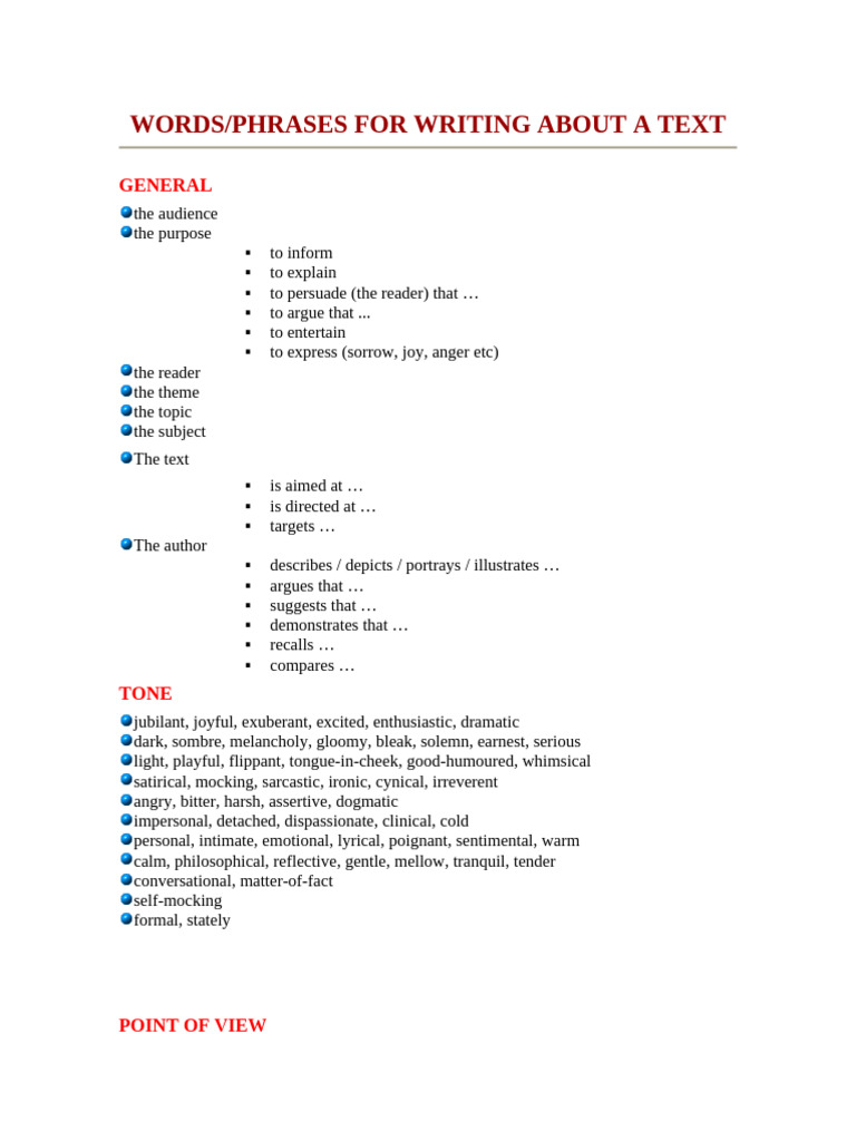 Words Phrases For Writing About A Text | PDF | Poetry