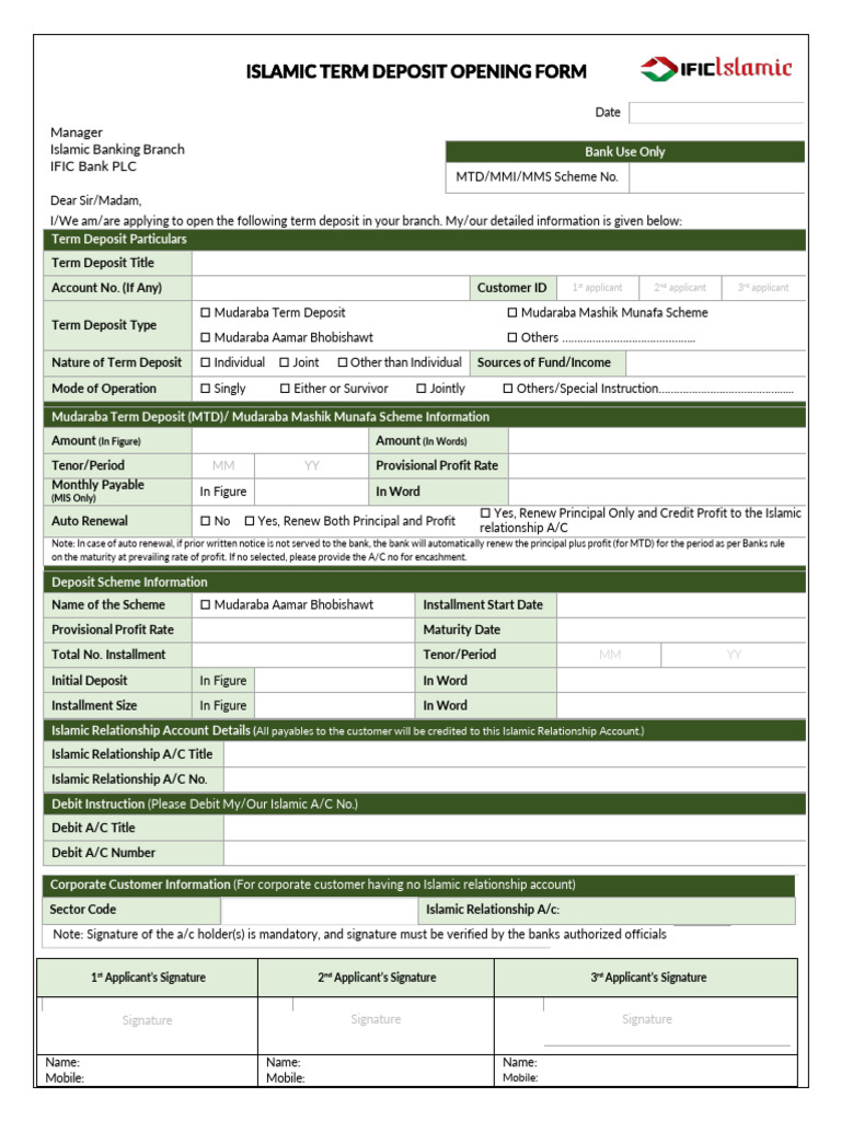 Islamic Term Deposit Opening Form | PDF | Banks | Deposit Account