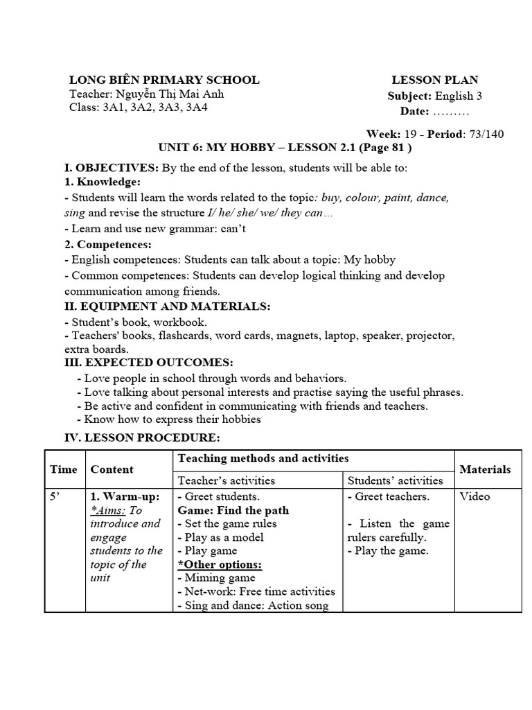 English Lesson Plan: My Hobby Unit | PDF | Procedural Knowledge ...