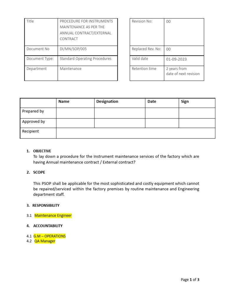 Instrument Maintenance Procedure SOP | PDF