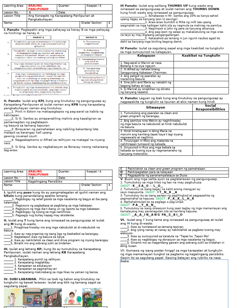 WORKSHEETS in Q4 ARALING PANLIPUNAN WEEK 7 at 8 | PDF
