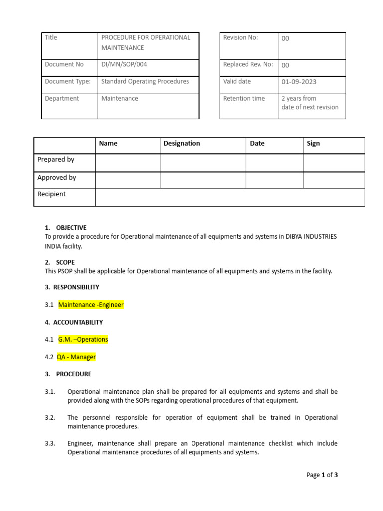Operational Maintenance SOP Guide | PDF