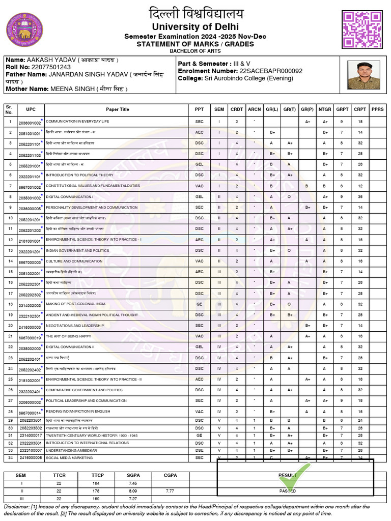 University of Delhi: Semester Examination 2024 - 2025 Nov-Dec Statement ...