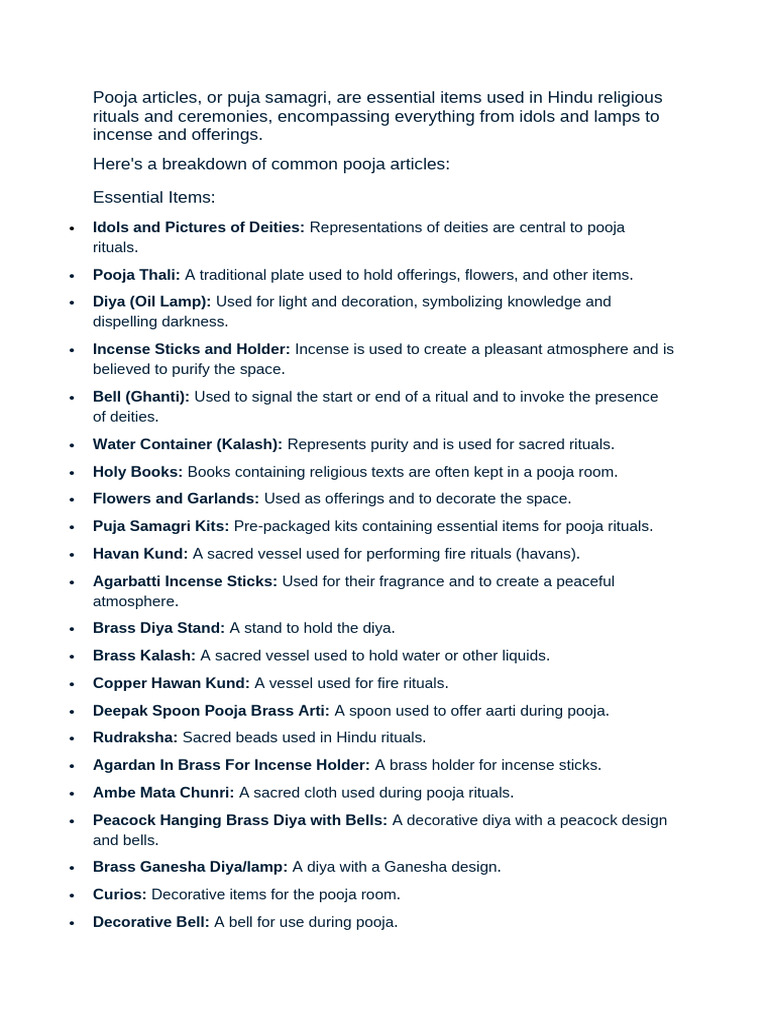 Essential Pooja Articles Overview | PDF | Hindu Worship