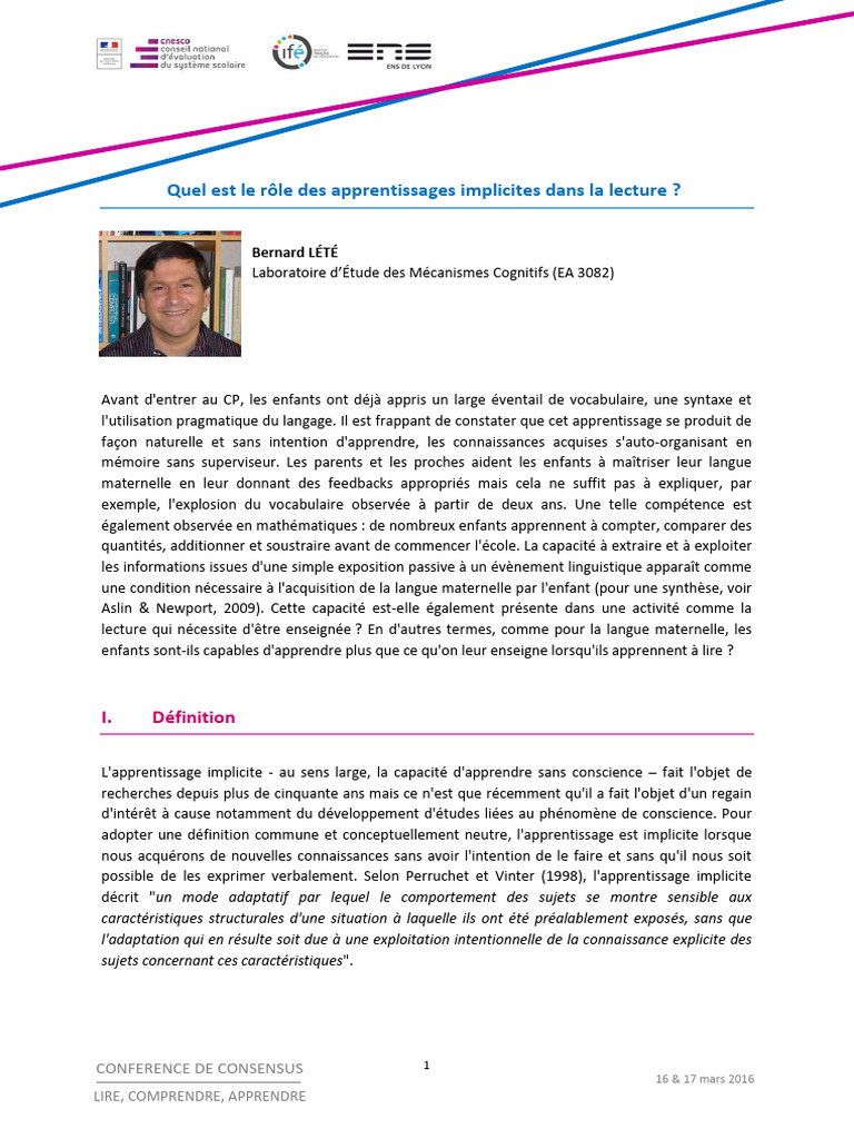 Rôle de l'apprentissage implicite en lecture | PDF | Apprentissage ...