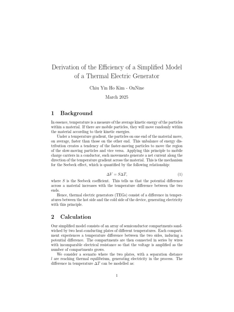 Efficiency Derivation of Thermal Electric Generators | PDF | Heat ...