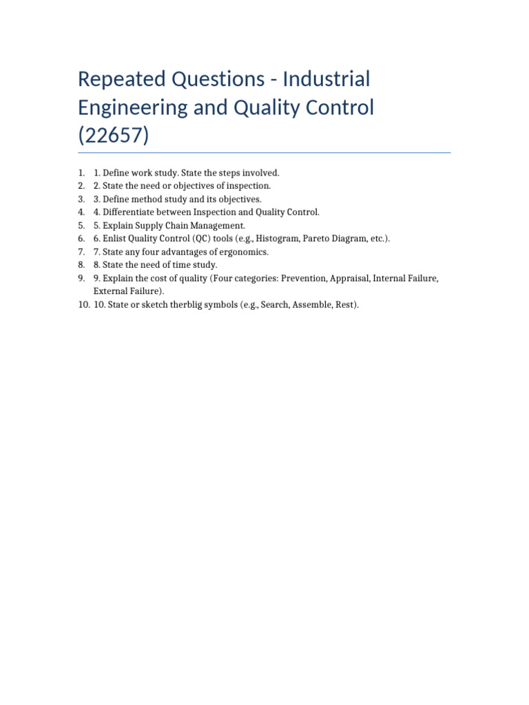 Repeated Questions Industrial Engineering Quality Control | PDF