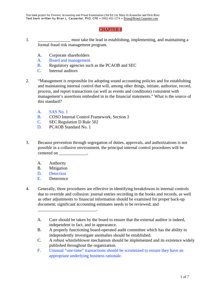 Forensic Accounting Test Bank: Chapter 8 | PDF | Internal Control | Audit