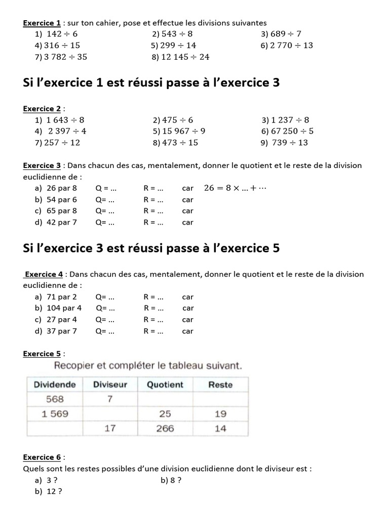 Fiche d'exercices sur la division euclidienne | PDF | Division ...