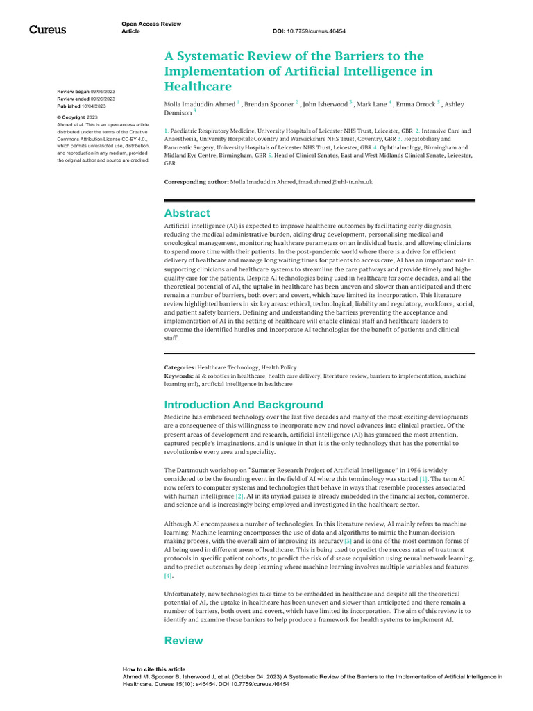 Barriers to AI Implementation in Healthcare | PDF | Artificial ...