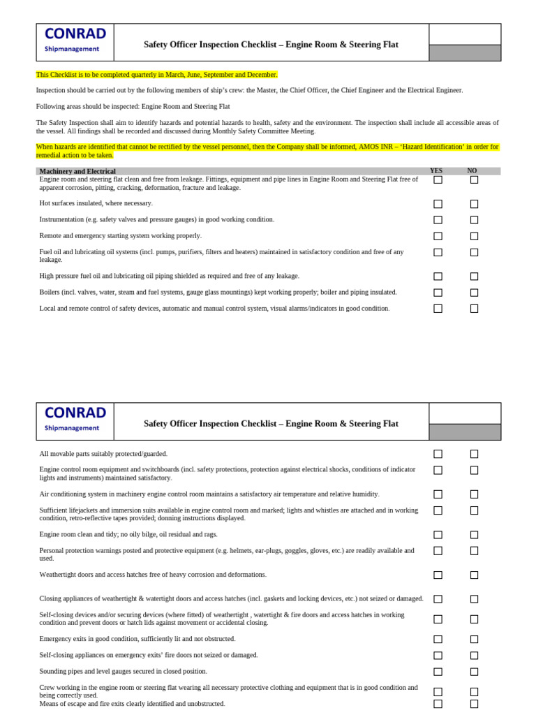 Engine Room Safety Inspection Checklist | PDF | Boiler | Electrical Wiring