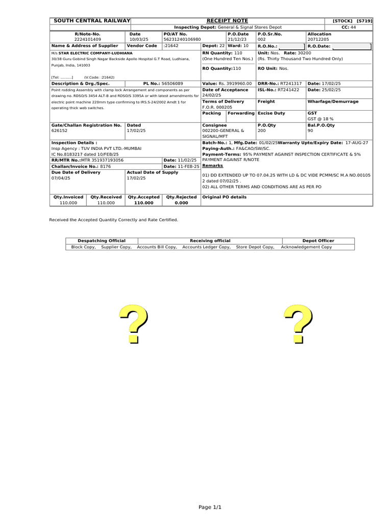 South Central Railway Receipt Note | PDF