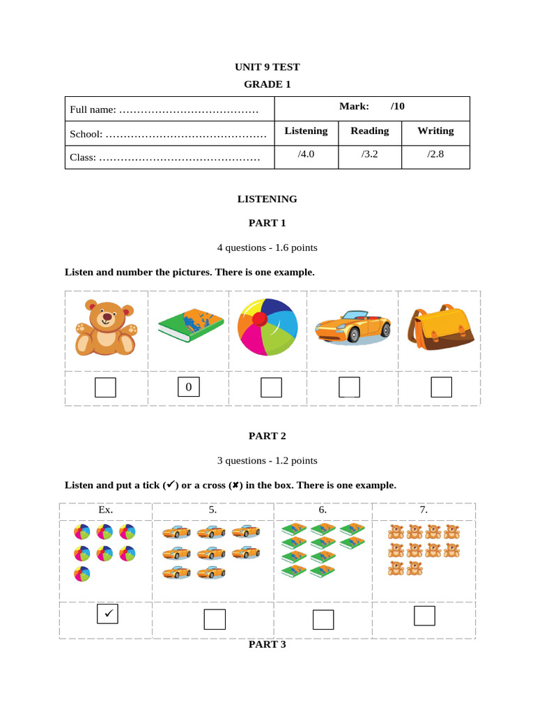 Grade 1 Unit 9 Test: Listening, Reading, Writing | PDF