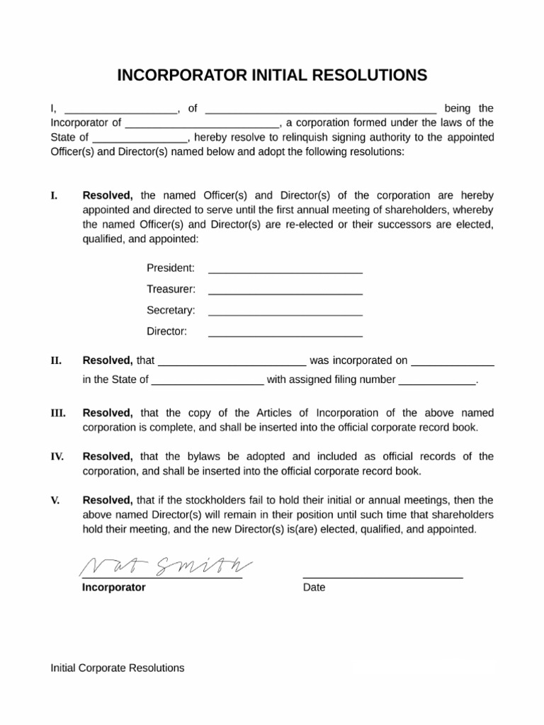 Initial Resolutions - Corporation - Minds XI Inc | PDF