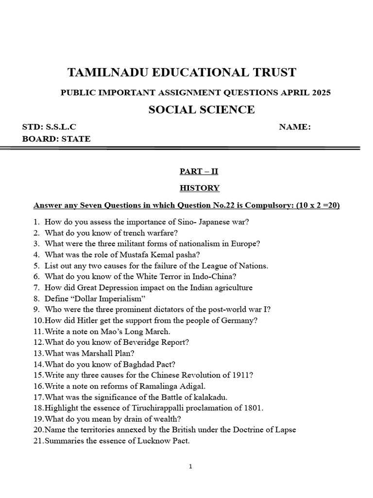 10TH STD Social Science Assignment 2025 | PDF