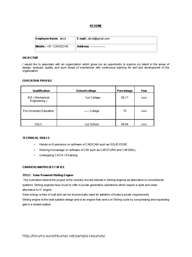 Fresher Mechanical Resume