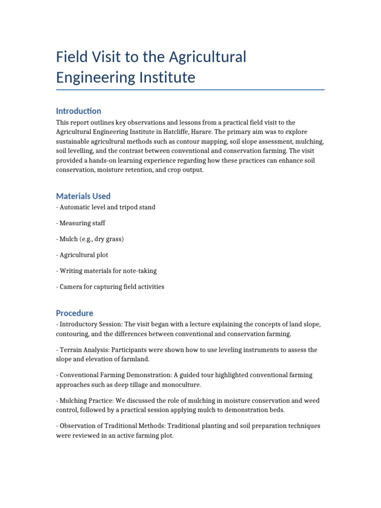 Agricultural Engineering Field Visit Report | PDF | Agriculture | Soil