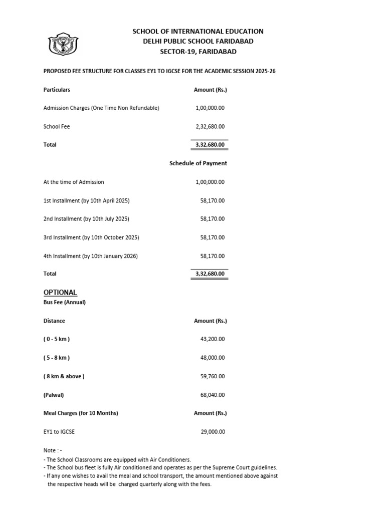 DPS Faridabad Fee Structure 2025-26 | PDF