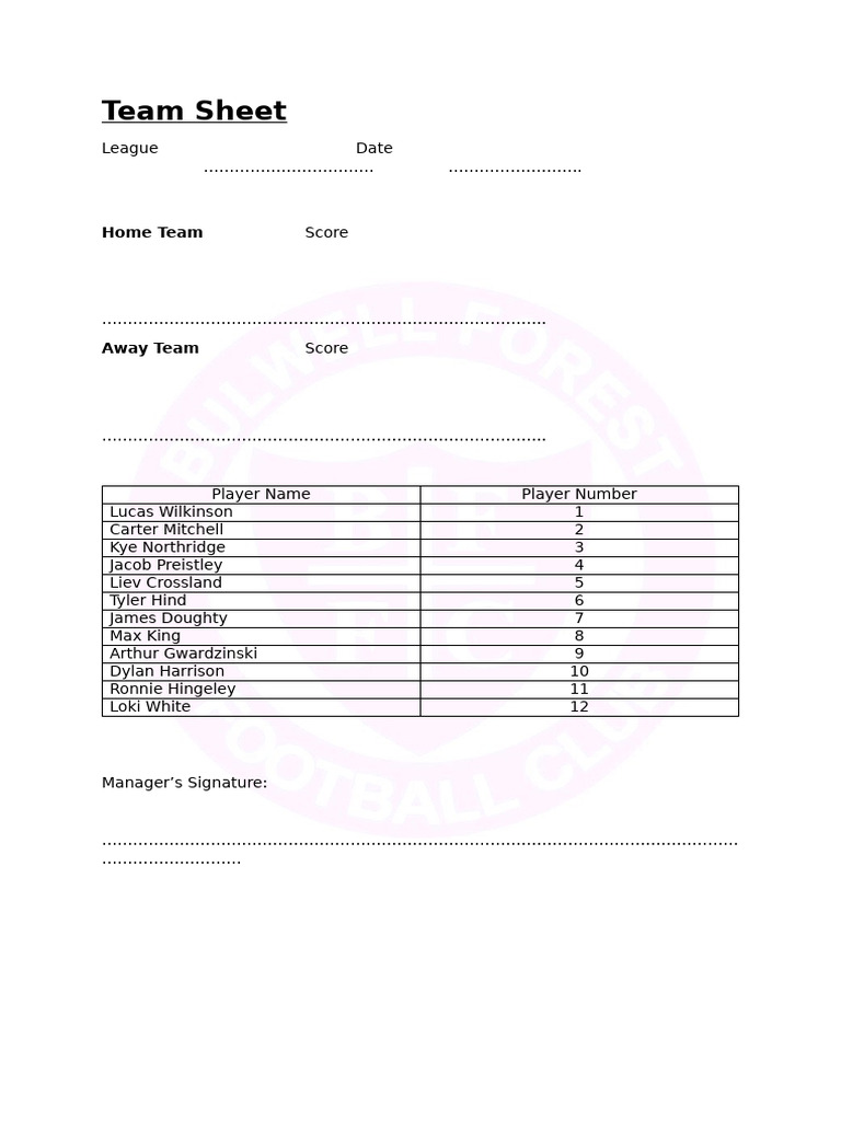 Young Elizabethan League Team Sheet | PDF