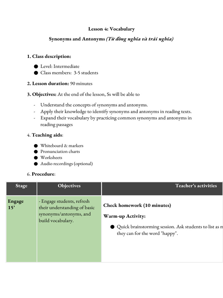 Antonyms and Synonyms Lesson Plan | PDF