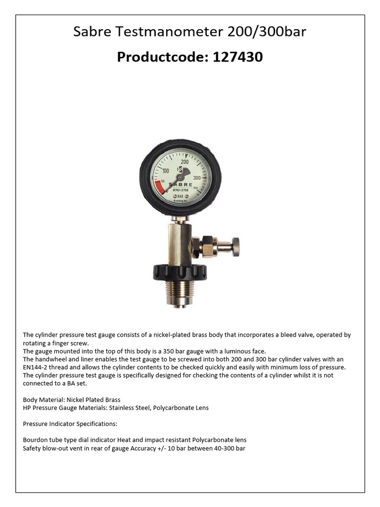 Sabre Testmanometer 200/300bar: Productcode: 127430 | PDF