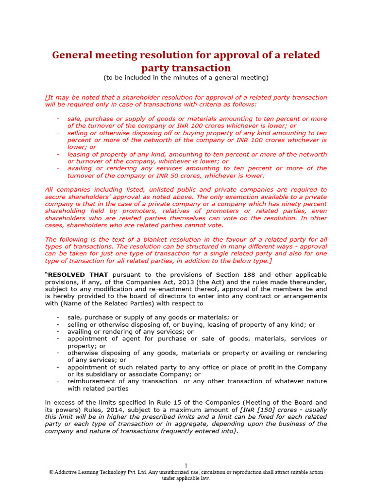 Related Party Transaction Approval Resolution | PDF | Board Of ...