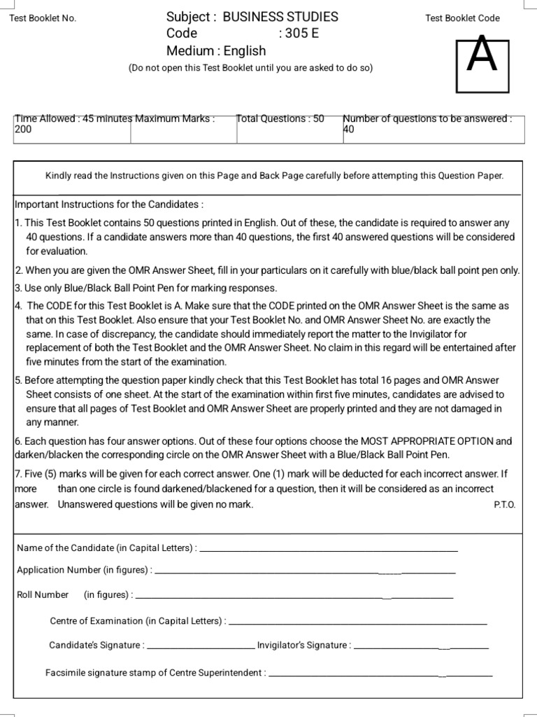 CUET 2024 Business Studies 305 E Set A Question Paper | PDF | Economies ...